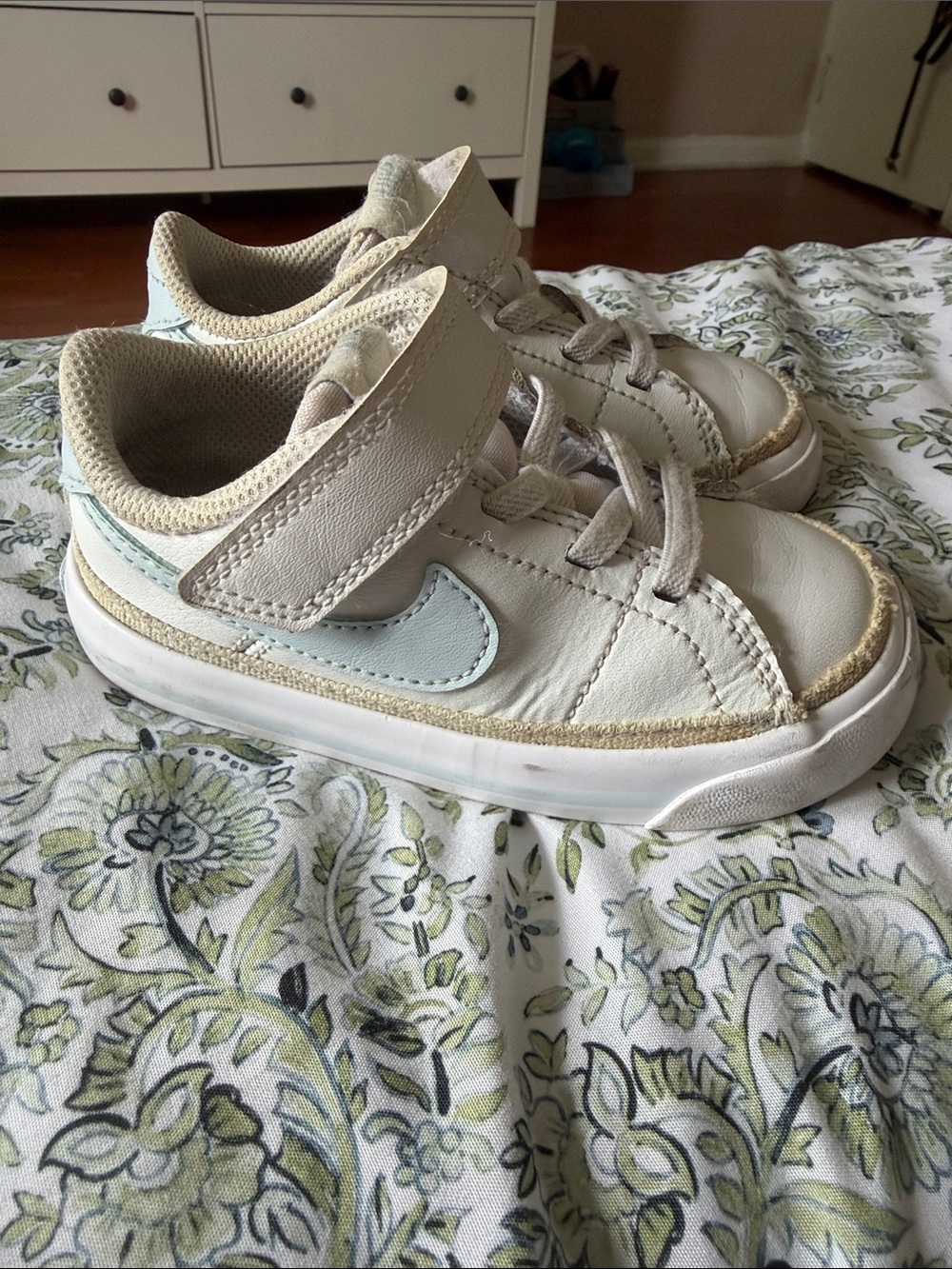 Nike Kids White Sneakers with Light Blue Swoosh